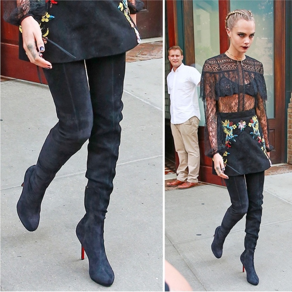 Christian Louboutin Louise Xi Veau Velours Stretch Over Knee Boots Black